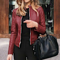 Miniatyrbild 1 av 5: SJJYV Slim Fit Läderjacka Dam, Klassisk Moto Biker Pu Höst & Vinter Basic Wine Red M