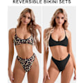 Miniatyrbild 2 av 5: Högmidjad Tanga Bikini Set för Kvinnor Vändbar String 2-Dels Baddräkt 56 Leopard Stor