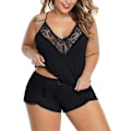 Miniatyrbild 1 av 5: 2025 Senaste Modell Dam Plus Size Pyjamas Cami Shorts Set Nattkläder Sexiga Spetsunderkläder Sovkläder Svart X-Large