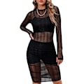 Miniatyrbild 4 av 5: 2025 Senaste Modell Dam Sexig Bodycon Genomskinlig Mesh Rynkad Slim Midi Party Klubb Nattklänning