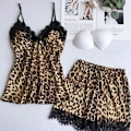 Miniatyrbild 3 av 5: 2025 Senaste Modell Satin Silk Nattlinne Dam Sexig Långärmad Leopardtryck Spetsunderkläder Morgonrockar Sling Sovkläder Pyjamasset Under