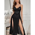 Miniatyrbild 4 av 4: 2025 Senaste Modell Sexig Delad Mesh Spets Blommig Transparent Babydoll Underkläder Outfit Klänning 2 Delar med Stringtrosa Set Lång Svart Small