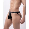 Miniatyrbild 2 av 5: 2025 Senaste Modell Herr Jockstrap Underkläder Faux Läder Tanga Underkläder G-String med Påse Butt-Flaunting Gym Låg Midja Brief Svart X-Lar