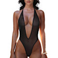 Miniatyrbild 1 av 4: Genomskinlig Baddräkt i Ett Stycke med Stringtrosa för Kvinnor Sexig Djup Urringning Genomskinlig Monokini Högt Skuren Kroppsdräkt Slampig Mesh Underkläder Svart Large-X-Large