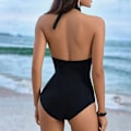 Miniatyrbild 4 av 5: Rygglös Rynkad Bikini Baddräkt En Del Stringbaddräkter för Kvinnor Sexig V-ringad Halter Dragsko Utskuren Baddräkt Brun Small