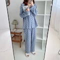Miniatyrbild 8 av 8: Dam Pyjamas Set med Knappar Långärmad Hjärtmönster Nedåtvänd Krage Lös Mjuk Dam Nattkläder för Vår Höst Hem Blå L