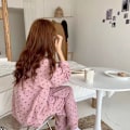 Miniatyrbild 1 av 8: Dam Pyjamas Set med Knappar Långärmad Hjärtmönster Nedåtvänd Krage Lös Mjuk Dam Nattkläder för Vår Höst Hem Rosa M