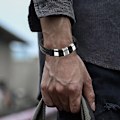 Miniatyrbild 5 av 5: Armband för Män i Läder med Svart Magnetisk Rostfritt Stål Spänne Handledsmanchett