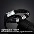 Miniatyrbild 3 av 5: Armband för Män i Läder med Svart Magnetisk Rostfritt Stål Spänne Handledsmanchett