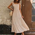 Miniatyrbillede 6 af 6: Sommer Boho Spaghettirem Square Neck Solid Farve Ruffle A-Linje Strand Lang Kjole til Kvinder