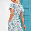 Miniatyrbillede 3 af 5: Sommer Maxi Kjole til Kvinder Casual V-hals Puff Kortærmet Smocked Ruffle Flydende Strand Boho Lang Blomsterkjole