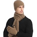 Miniatyrbilde 4 av 7: Vinterstrikket varm lue, skjerf og hansker for kvinner - Beanie + langt skjerf + berøringsskjermhansker - Hodeskalleluer, hals skjerf for kvinner og menn