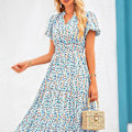 Miniatyrbillede 2 af 5: Sommer Maxi Kjole til Kvinder Casual V-hals Puff Kortærmet Smocked Ruffle Flydende Strand Boho Lang Blomsterkjole