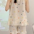 Miniatyrbild 6 av 8: Dam Pyjamas Set Ärmlös Tank Top Casual Shorts Mjölksiden Mjuk Hudvänlig 2-Delar Sommarsovkläder Hjärtmönster M