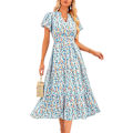 Miniatyrbillede 1 af 5: Sommer Maxi Kjole til Kvinder Casual V-hals Puff Kortærmet Smocked Ruffle Flydende Strand Boho Lang Blomsterkjole