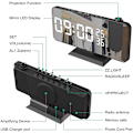 Miniatyrbild 7 av 8: Projektionsväckarklocka för sovrumstak, digital väckarklocka med radio och USB-laddningsportar, LED-skärm, 4 dimmer, dubbel väckarklocka med