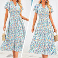 Miniatyrbillede 5 af 5: Sommer Maxi Kjole til Kvinder Casual V-hals Puff Kortærmet Smocked Ruffle Flydende Strand Boho Lang Blomsterkjole
