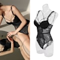 Miniatyrbillede 1 af 8: Blondering Bodystocking Blød Strækbar Dyb V Stilfuld Kvinder Enkelt Stykke Underundertøj til Bryllupsnat Bryllupsrejse Sort 75C