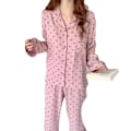 Miniatyrbild 2 av 8: Dam Pyjamas Set med Knappar Långärmad Hjärtmönster Nedåtvänd Krage Lös Mjuk Dam Nattkläder för Vår Höst Hem Rosa M