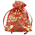 Pikkukuva 1 / 2: 25 st. Handsydda Organza  påsar Röda med guldfärgad blomtryck  c:a 7X9 cm.