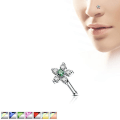 Miniatyrbild 1 av 8: Blomformad näspiercing i 316L kirurgiskt stål med Kubik zirkoner 3 Grön/vit