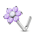 Miniatyrbild 1 av 9: 1 St L-Blomformad näspiercing i 316L stål med epoxy stenar 1 Lila/Vit