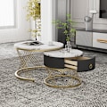 Miniatyrbild 3 av 8: Elegant soffbord: marmoroptik, gulddekor, sidobord med lådor – set om 2 White