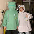 Miniatyrbillede 2 af 4: Fleece Hættetrøjer Frø Hættetrøje Vinter Varm Tyk Løs Oversized Sweatshirt Overtøj Sort L