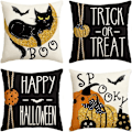 Miniatyrbilde 1 av 5: Happy Halloween Boo Svart Katt Knask eller Knep Putetrekk, 45 x 45 cm Skummel Gresskar Flaggermus Putetrekk for Sofa Sofagruppe 4-Pakning