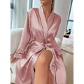 Pikkukuva 3 / 5: Satiininen yöpaita, elegantti pitkähihainen V-kaula-aukkoinen mekko vyöllä, naisten yöasu vaaleanpunainen Pink XL