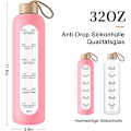 Miniatyrbilde 6 av 7: Glassvannflaske med bambuslokk - 1000ml Sportsdrikkflaske med tidsmarkør, gjenbrukbar knusesikker silikonhylseflaske for treningsstudio utendørs Pink