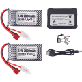 Miniatyrbillede 1 af 5: Sæt med 2 LiPo-batterier 7.4V 2000mAh, T-stik, 2-i-1-oplader | Passer til RC 9200, 9200E, 200E, 9202E, HM101, 9125, S920, S921, HB101