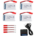Miniatyrbillede 1 af 4: Sæt med 4 LiPo-batterier 3.7V 750mAh til MJX X300C X400 X800 RC Quadcopter Droner | Inkluderer oplader, indbygget beskyttelse | 45x24x8 mm - 16 gr | Sølv
