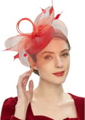 Fascinator Hat Med Blomsterfjær Hodebånd For Kvinner Mesh Fjær Hårklips (Rød)