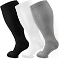 Miniatyrbilde 1 av 5: Plus Size kompresjonsstrømper for kvinner og menn med bred legg 20-30 mmHg Ekstra store for sirkulasjonsstøtte Gjenoppretting/3X-Large-svart/Lysegrå/Hvit (3-pakning)