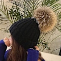 Miniatyrbillede 1 af 5: Dww-Dame Strikhue med Pompom, Sort Vinter Varm Fleece Foret Hat Slouchy Strikkede Huer
