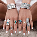 Miniatyrbild 1 av 5: Boho Knuckle Rings Set Silver Turkos Stapelbara Fingerringar Justerbar Öppen Ring Midi Storlek Knog Ring Set för Kvinnor och Flickor 9PCS