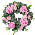 Miniatyrbild 1 av 5: Konstgjord Eucalyptuskrans, 13 tum Rosa Roskrans med Eucalyptusblad, Hängande Vår-Sommar Dörrkrans för Bröllopsgård