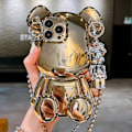 Miniatyrbild 1 av 5: Söt Skal för iPhone 13 Pro Max, 3D Cartoon Björnskal Glitter med Metallkedja Rem Bell Hänge, Mode Plätering Mjuk TPU Stötsäker (Guld)