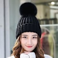 Miniatyrbillede 5 af 5: Dww-Dame Strikhue med Pompom, Sort Vinter Varm Fleece Foret Hat Slouchy Strikkede Huer