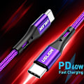 Miniatyrbilde 3 av 5: 1m 2m 3m 60w Usb C Type-c Hurtiglading Kabel Lad Data Ledning Dobbel Type-c-0.5m Lilla