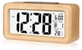 Träväckarklocka digital väckarklocka, bordsklocka med nattlampa, datum, temperaturvisning, bambu
