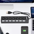 Miniatyrbillede 2 af 8: 7-Port Hub USB Docking Station Sort 480mbps med Switch til Overbelastningsstrømsbeskyttelse 7 Porte Sort