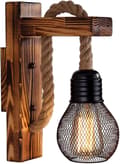 [LLC] Wooden Wall Lamp Hemp Rope, E27 LED Retro Wall Light Living Room Bedside Corridor Cafe Bar (Without Bulb)