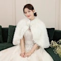 Miniatyrbillede 5 af 5: Vinter Bryllup Fluffy Plys Shrug Sjal Wrap Faux Perle Perler Varm Stola Kappe