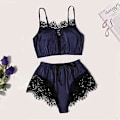 Miniatyrbild 2 av 5: Sovplagg för damer 2 delar Blommig spetskant Satin Cami Pyjamasset Kvinnlig Mesh Nattlinne Lingerieset