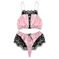 Miniatyrbild 3 av 5: Sovplagg för damer 2 delar Blommig spetskant Satin Cami Pyjamasset Kvinnlig Mesh Nattlinne Lingerieset