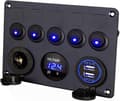 12V / 24V Kontrollpanel, 5 Grupper av Vippströmbrytarpaneler, Med 5V 4.2A Dubbel USB-laddare, Vattentät LED Voltmeter