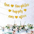 Pikkukuva 5 / 5: 3 Kultaglitteri Love Laughter And Happiness Forever -banneria - Kihlaustarvikkeet