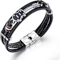 Miniatyrbillede 1 af 5: 2025 Egnet Herre Dame Sort Læder Manchet Armbånd Multi-Lag Ko Læder Håndlavet Vævet Reb Guitar Armbånd